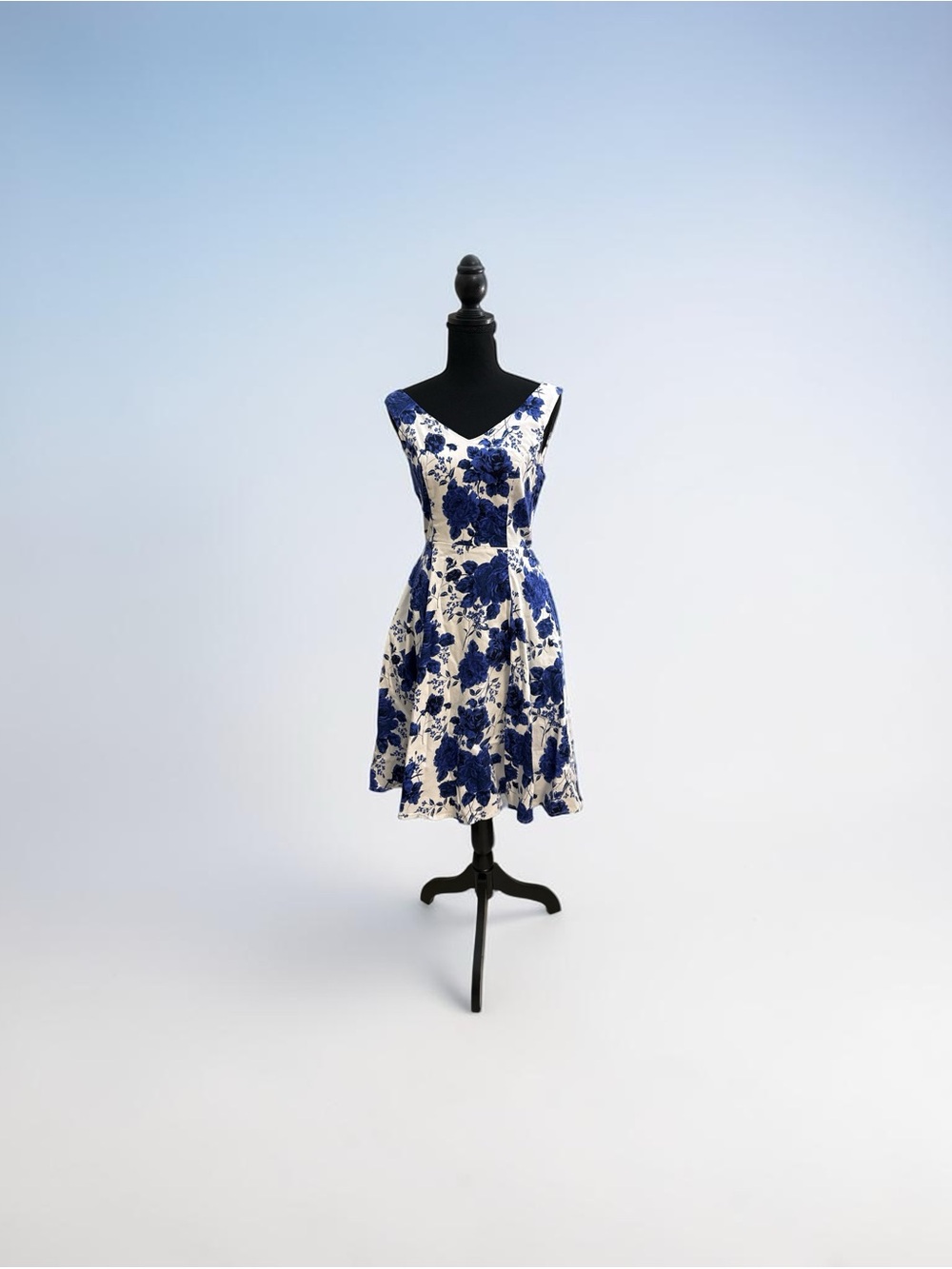 Sleeveless Blue Floral Midi Dress